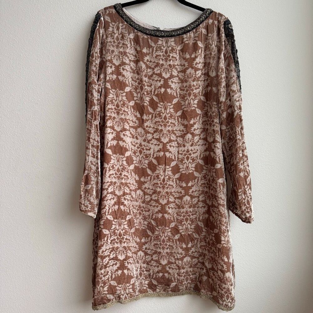 Sundance Champagne Dreams Burnout Velvet  Beaded Shift Lined Boho Dress Size 16